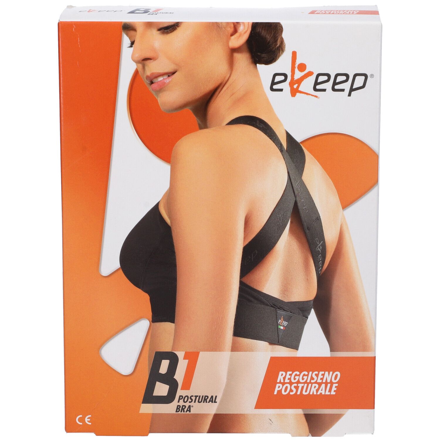 Confezione del prodotto. Reggiseno nero con spalline incrociate. Scritte: B1 Postural Bra, ekeep.
