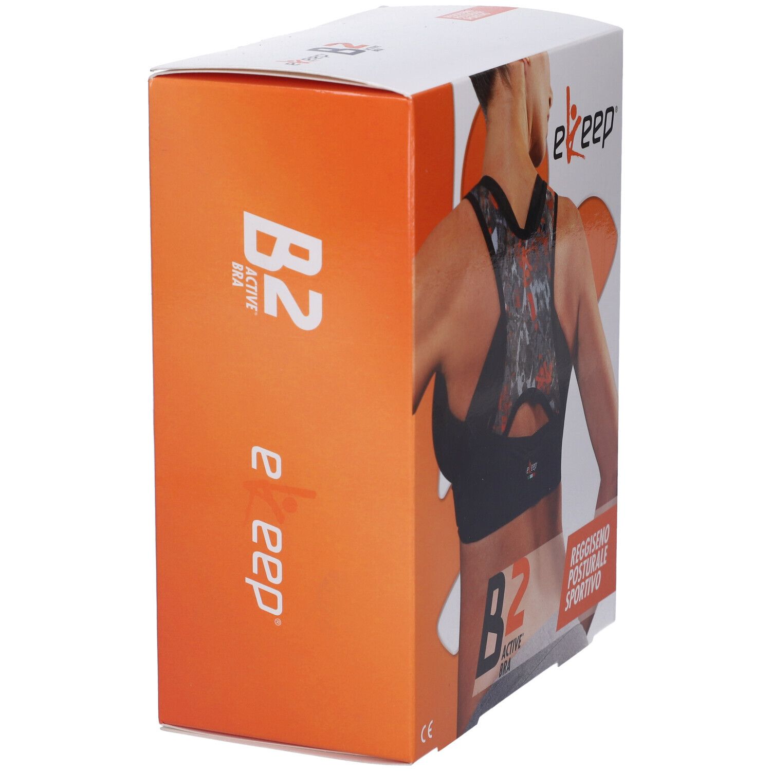 Confezione Ekeep B2 Active Bra. Vista laterale con nome prodotto, B2 Active Bra, Reggiseno Posturale Sportivo.