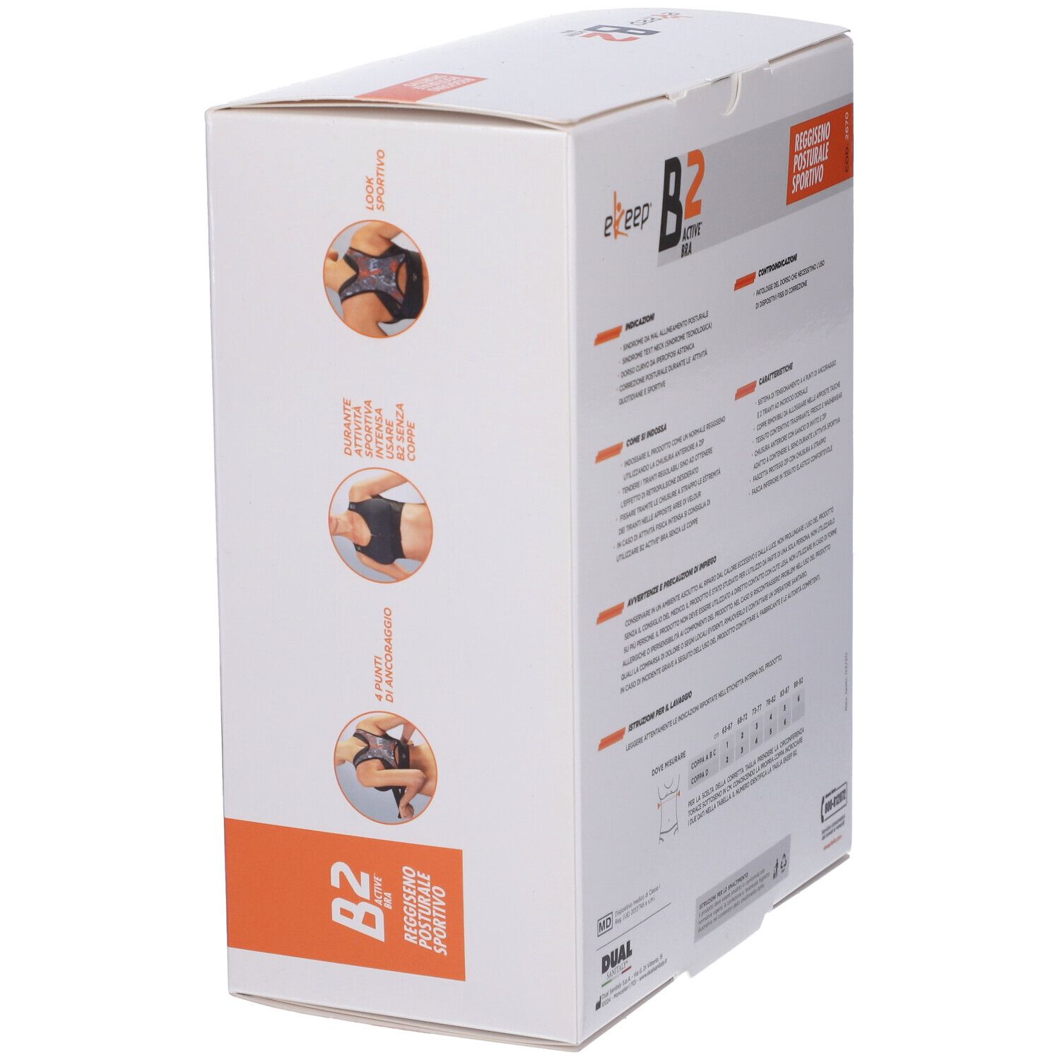 Confezione Ekeep B2 Active Bra. Vista laterale con illustrazioni e testo. Reggiseno Posturale Sportivo.
