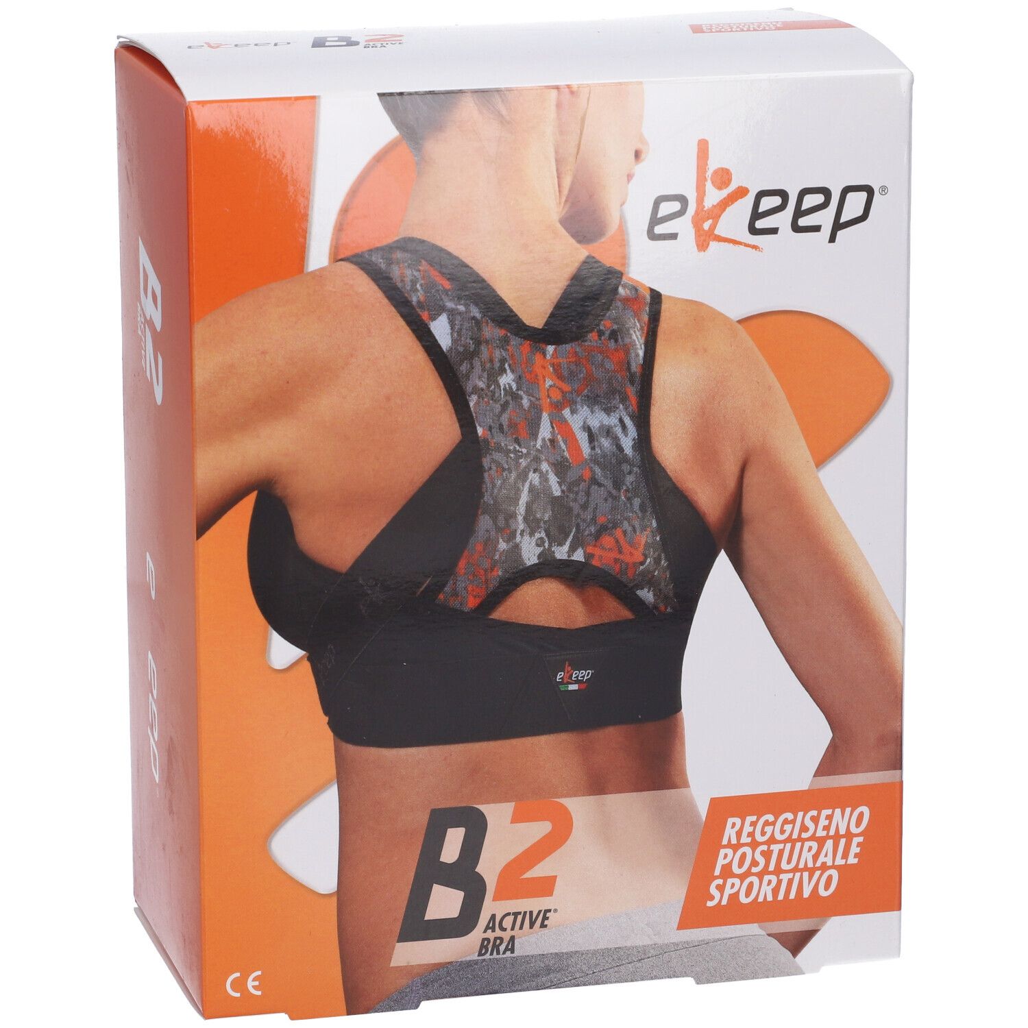 Confezione Ekeep B2 Active Bra. Donna con reggiseno. Nome prodotto, B2 Active Bra, Reggiseno Posturale Sportivo.