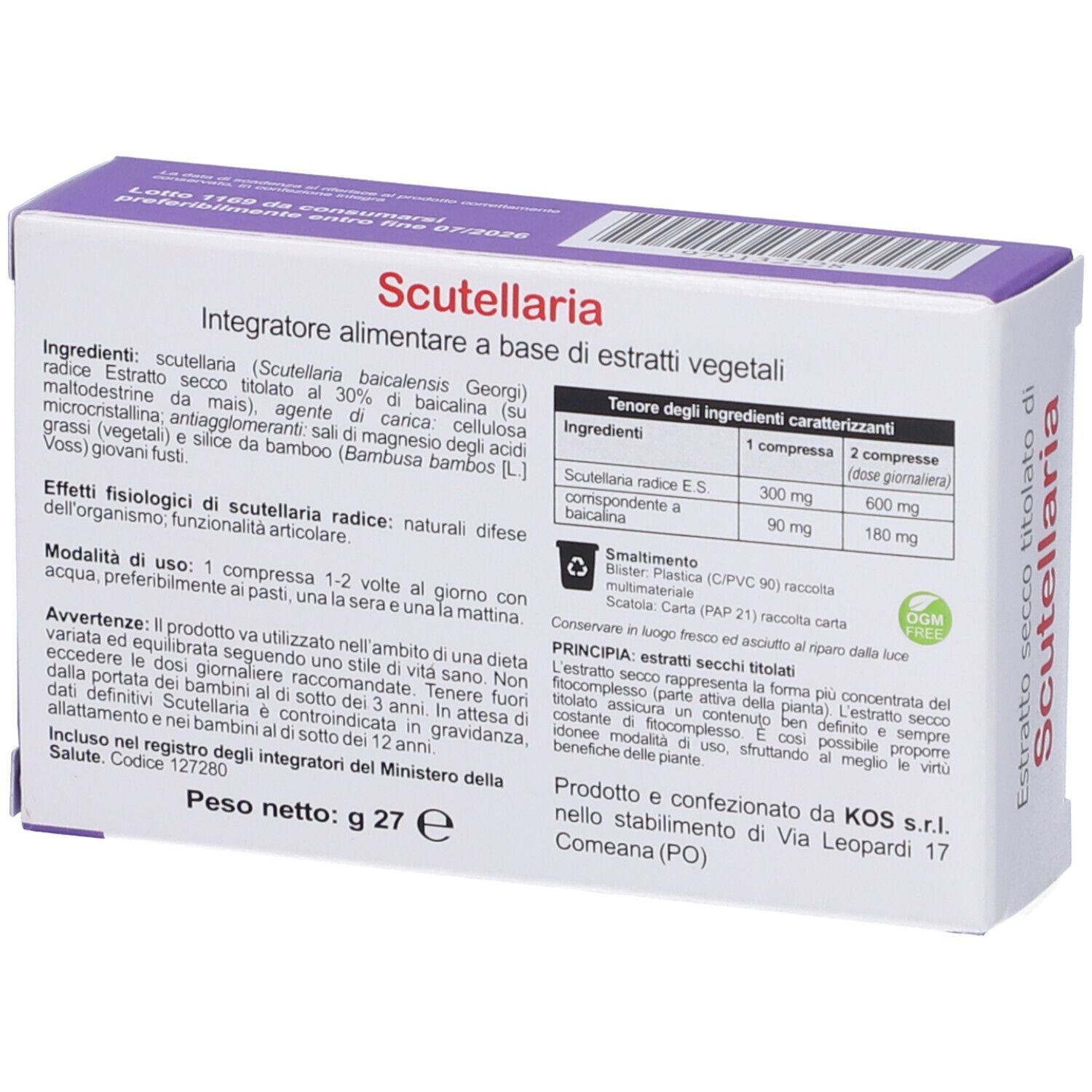 Retro della scatola di compresse di Scutellaria. Testo con ingredienti e dosaggio. Peso: 27 g.