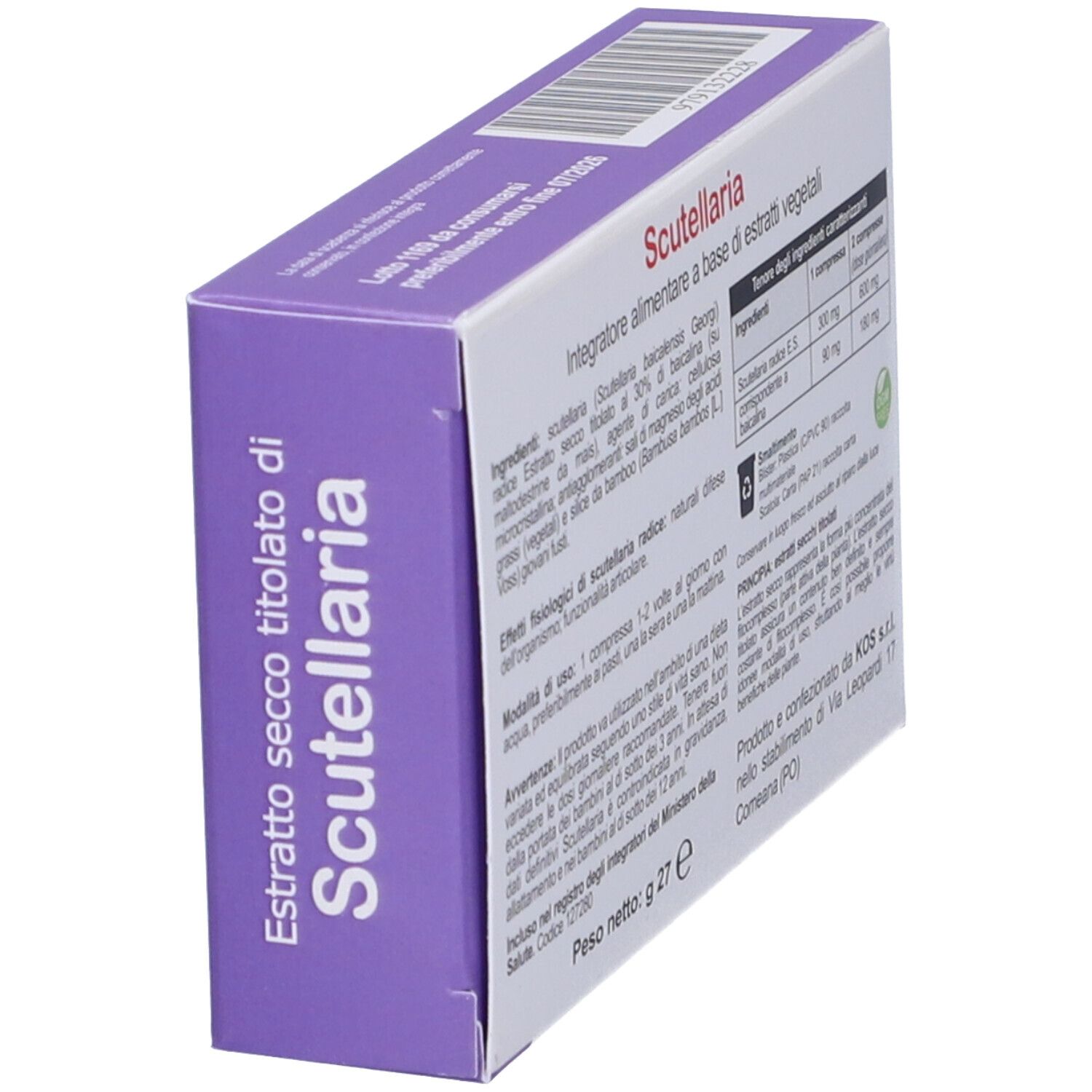 Scatola di compresse di Scutellaria. Testo con ingredienti e dosaggio. Peso: 27 g.
