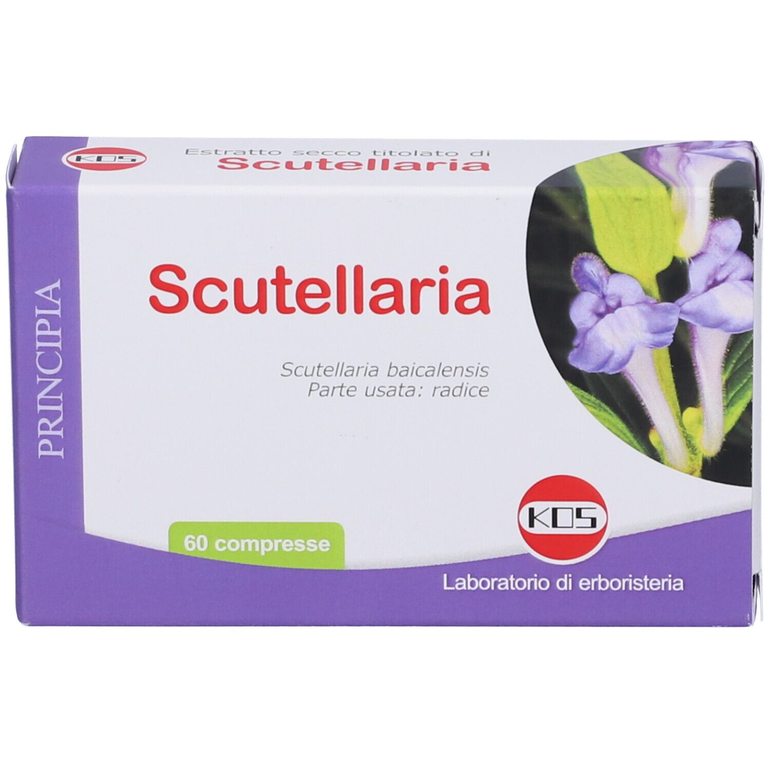 Scatola di compresse di Scutellaria. Scritta 'Scutellaria' e '60 compresse'. Logo KOS.