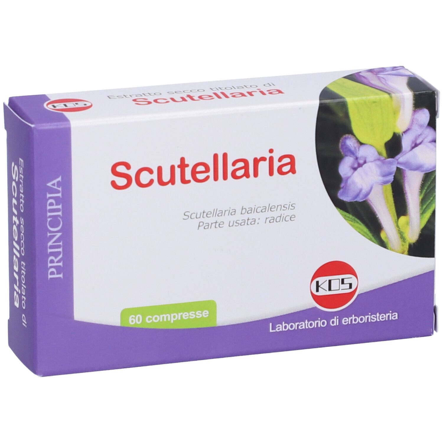 Scatola di compresse di Scutellaria. Scritta 'Scutellaria' e '60 compresse'. Logo KOS.