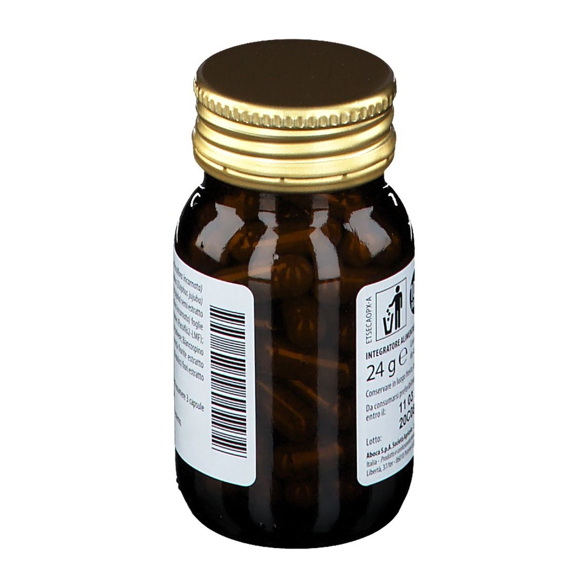 Flacone di vetro marrone con tappo dorato. Etichetta con informazioni sul prodotto. Testo: 24 g, 50 capsule.