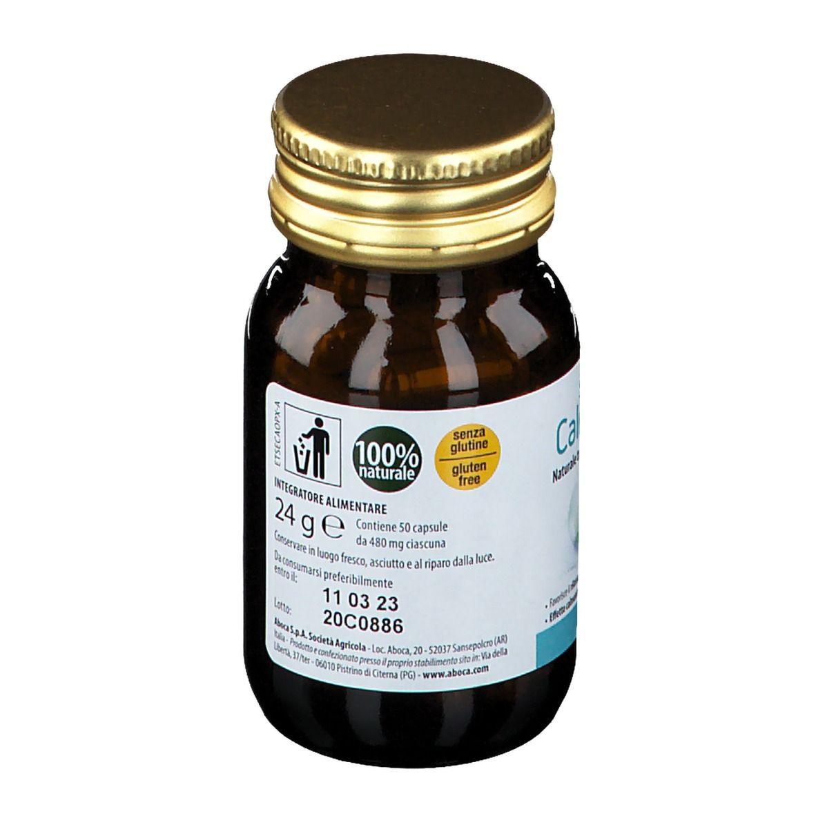 Flacone di vetro marrone con tappo dorato. Etichetta con informazioni sul prodotto. Testo: 100% naturale, senza glutine.