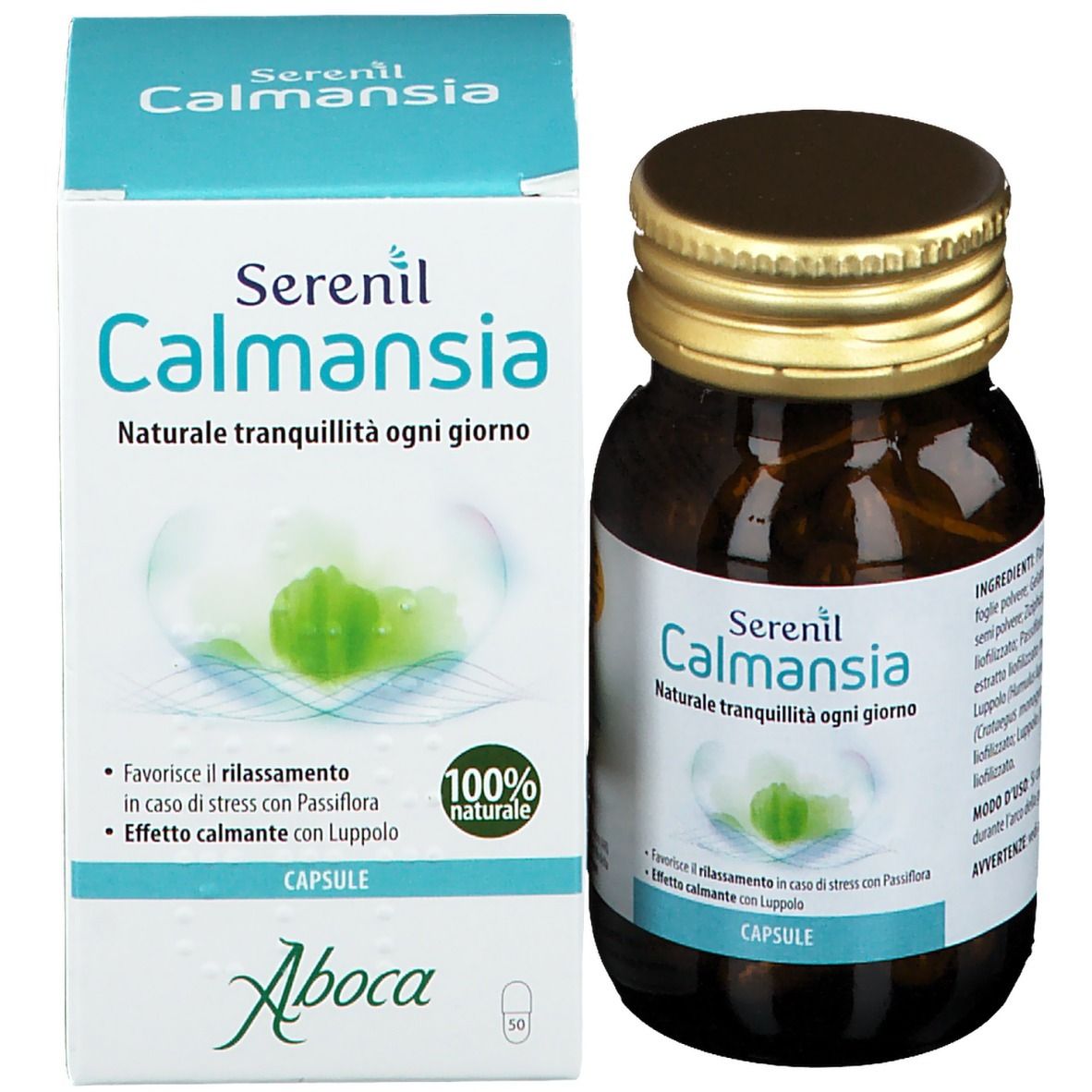 Flacone di vetro marrone e scatola. Scatola con nome e logo del prodotto. Testo: Serenil Calmansia, Capsule. Aboca.