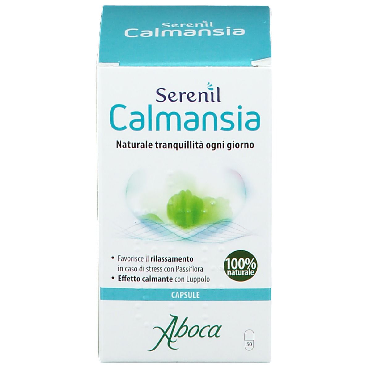 Scatola bianca con nome e logo del prodotto. Testo: Serenil Calmansia, Naturale tranquillità ogni giorno. Aboca.