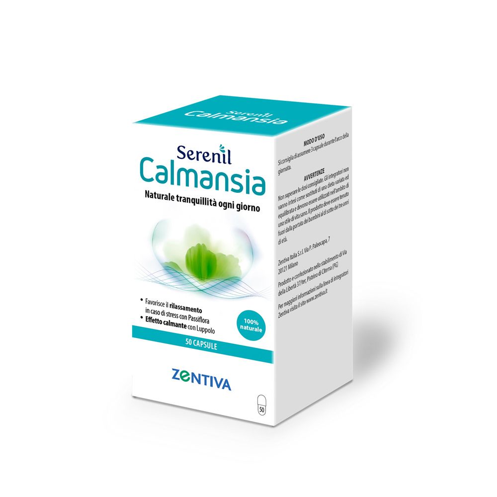 Scatola bianca Serenil Calmansia. Scritta: Naturale tranquillità ogni giorno. 50 capsule. Vista laterale.