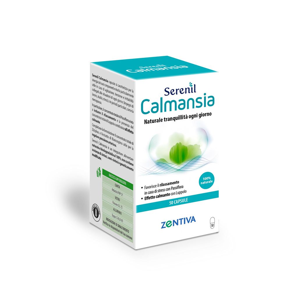 Scatola bianca Serenil Calmansia. Scritta: Naturale tranquillità ogni giorno. 50 capsule. Vista dettagliata.
