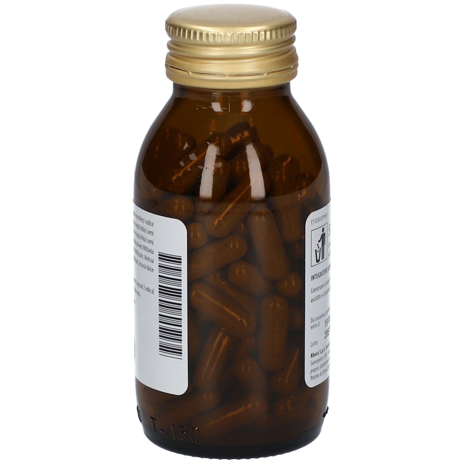 Flacone marrone con tappo dorato. Capsule visibili all'interno.