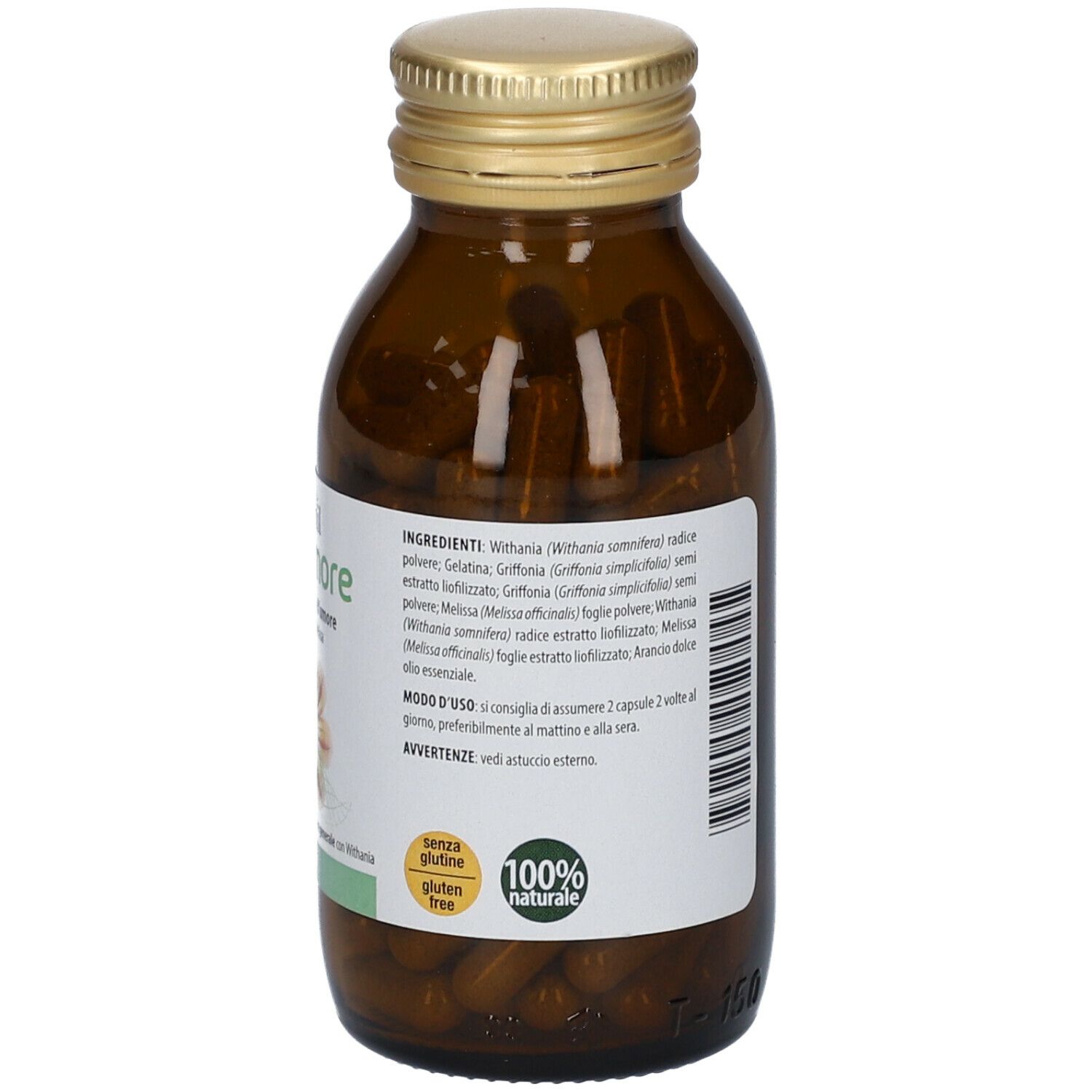 Flacone marrone con tappo dorato. Etichetta con ingredienti e istruzioni per l'uso.
