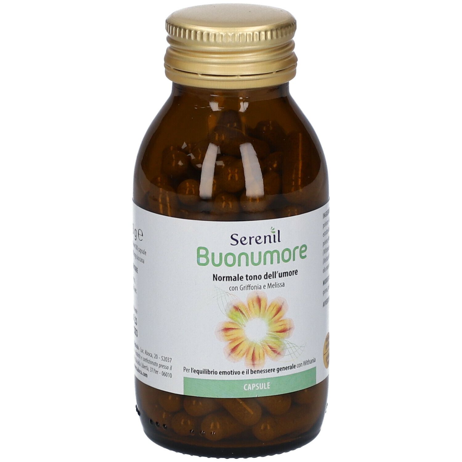 Flacone marrone con tappo dorato. Etichetta "Serenil Buonumore". Capsule visibili.