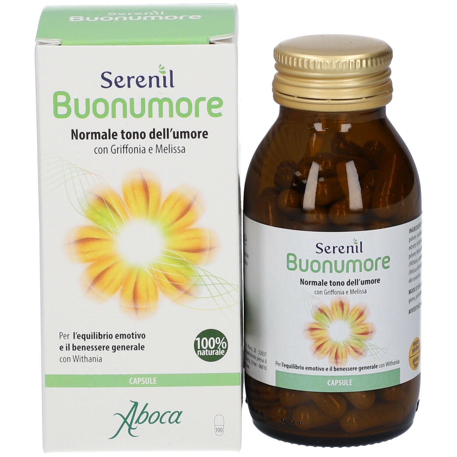 Confezione del prodotto: scatola e flacone. Etichetta e scatola "Serenil Buonumore".