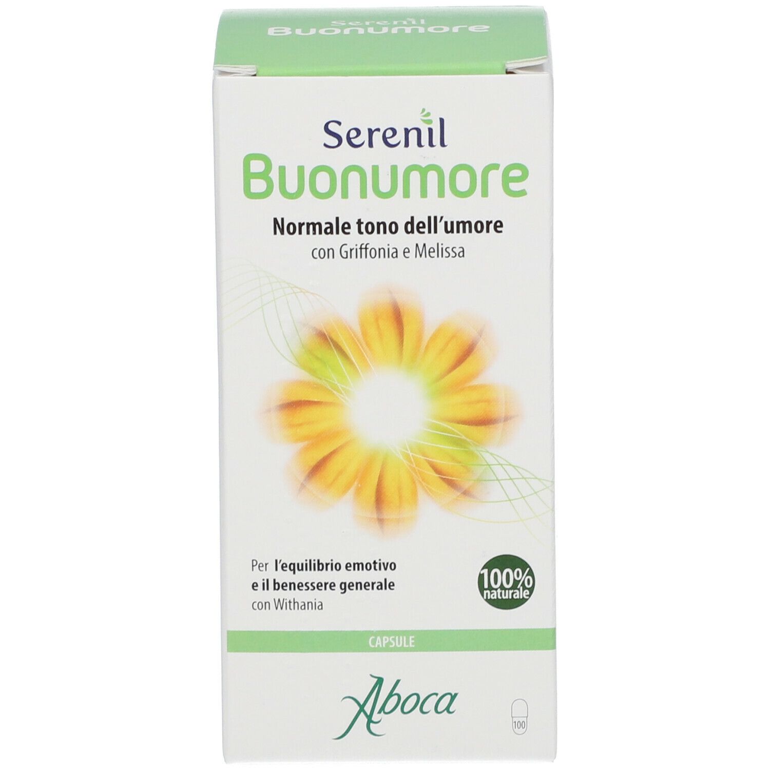 Scatola verde con scritta "Serenil Buonumore". Design floreale giallo. Logo "Aboca".