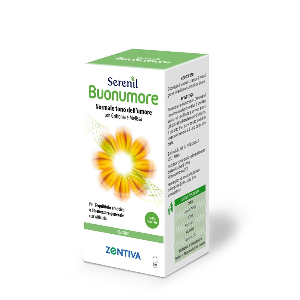 Scatola di Serenil Buonumore. Testo, design floreale e informazioni. Marchio Zentiva. Capsule.