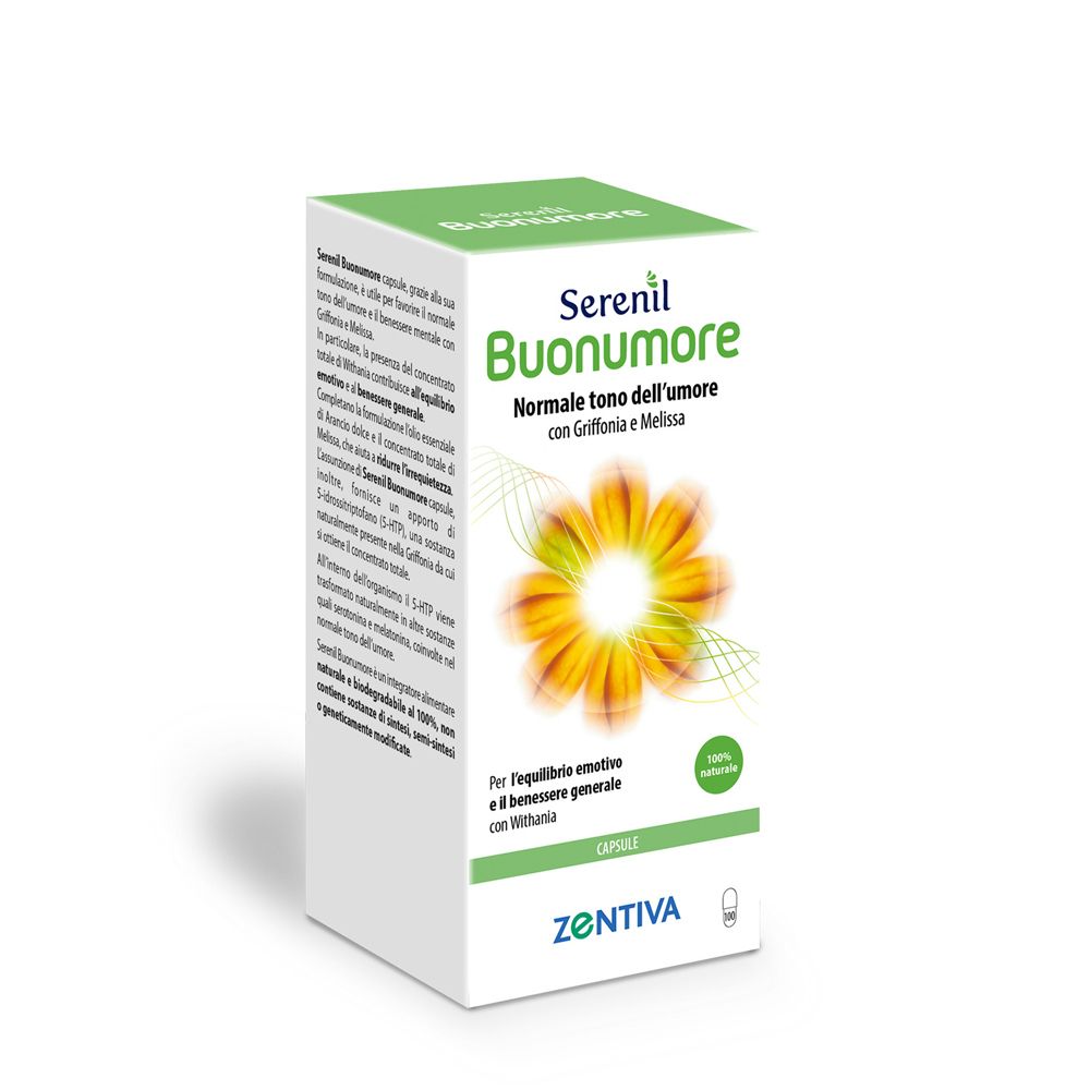 Scatola di Serenil Buonumore. Testo, design floreale e informazioni. Marchio Zentiva. Capsule.