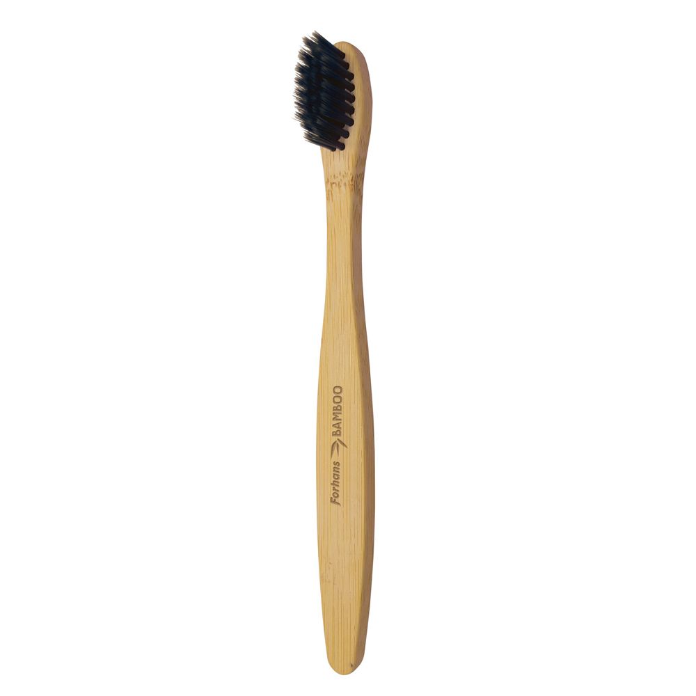 Spazzolino in bambù con testina nera. Marchio Forhans Bamboo stampato sul manico.