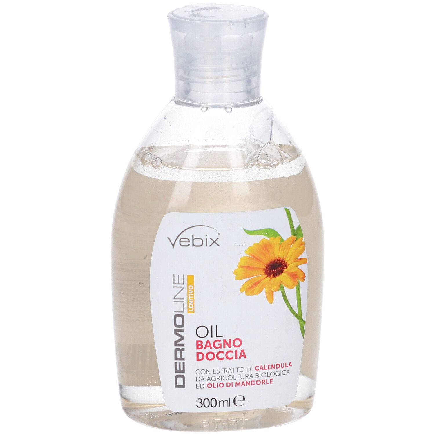 Flacone trasparente con liquido giallastro. Etichetta con nome del prodotto, marchio e illustrazione di calendula.
