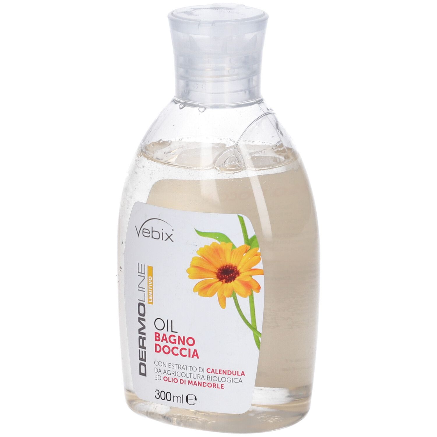 Flacone trasparente con liquido giallastro. Etichetta con nome del prodotto, marchio e illustrazione di calendula.