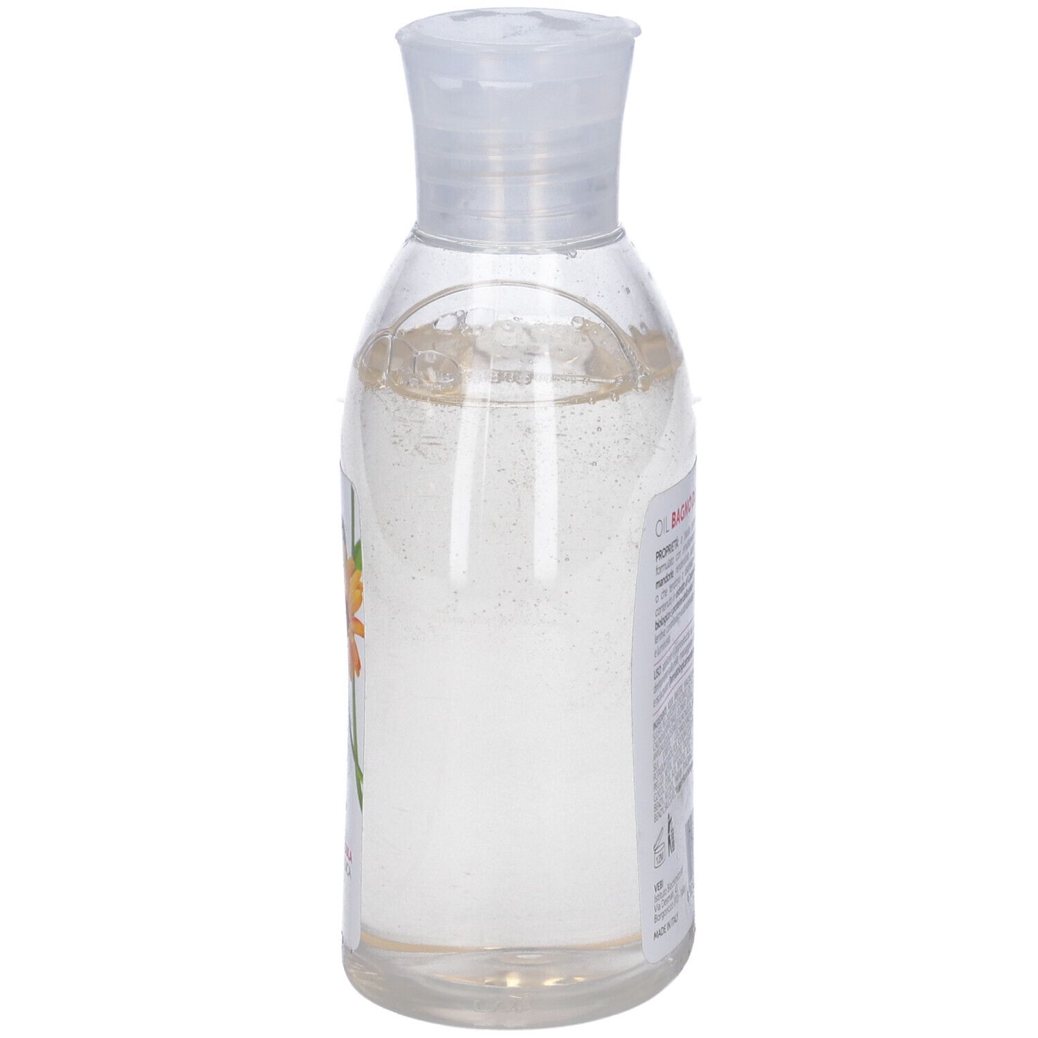 Flacone trasparente con liquido giallastro. Etichetta con informazioni sul prodotto e illustrazione di calendula.