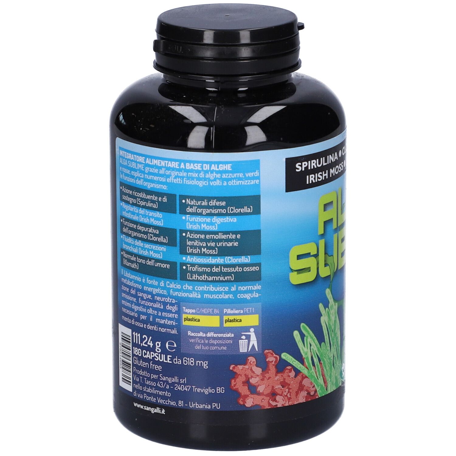 Retro della bottiglia nera. Testo sugli ingredienti e valori nutrizionali. Scritta: Alga Sublime. 180 capsule, 111,24g. Senza glutine.
