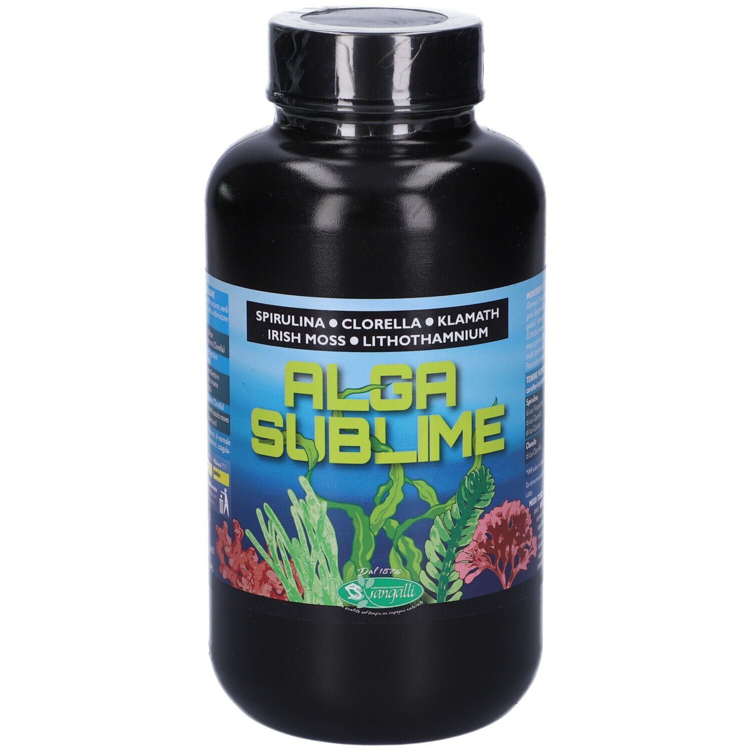 Bottiglia nera con il nome del prodotto Alga Sublime e illustrazioni di alghe. Contiene spirulina, clorella, klamath, muschio irlandese e litotamnio.