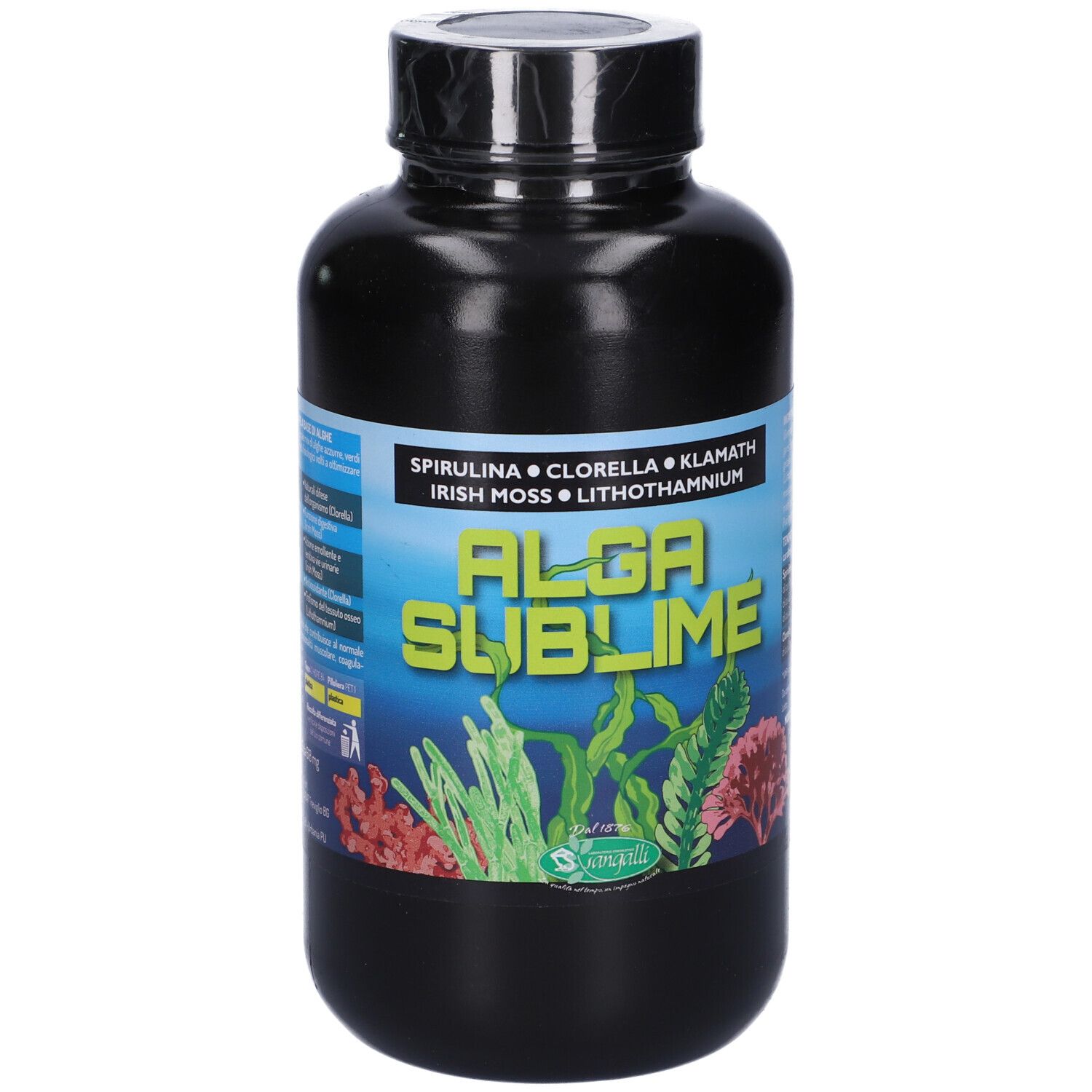 Bottiglia nera con il nome del prodotto Alga Sublime e illustrazioni di alghe. Contiene spirulina, clorella, klamath, muschio irlandese e litotamnio.