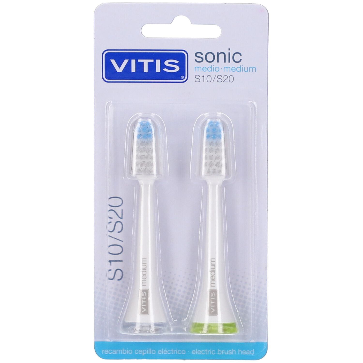 Due testine Vitis® Sonic Medium s20 in blister. Setole blu e verdi, protezioni trasparenti. Logo del marchio.