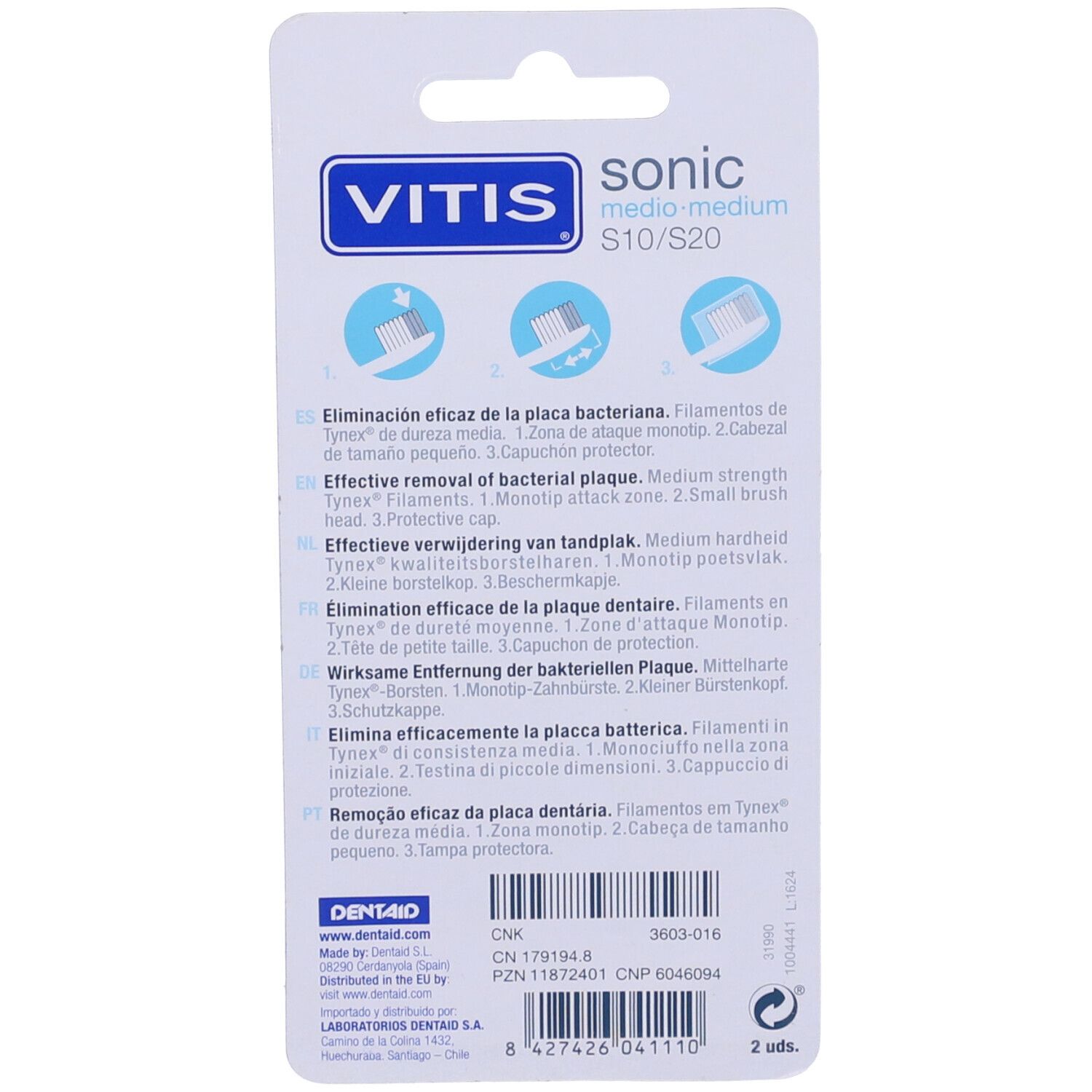 Retro della confezione Vitis® Sonic Medium s20. Testo multilingue, illustrazioni, logo del marchio e informazioni sul prodotto.