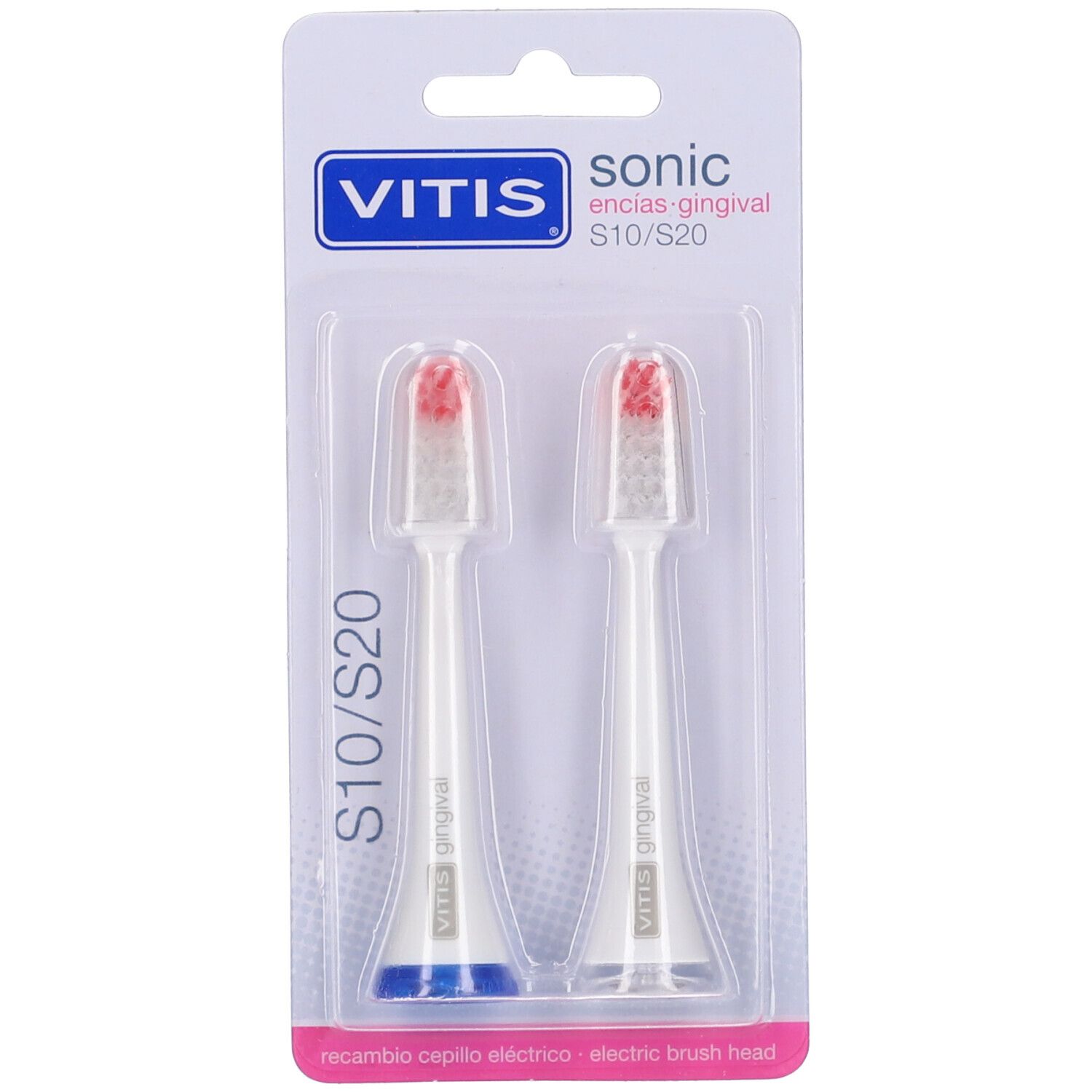 Due testine di ricambio Vitis® Sonic S10/S20 in blister. Testine bianche con setole rosse, cappucci protettivi trasparenti.