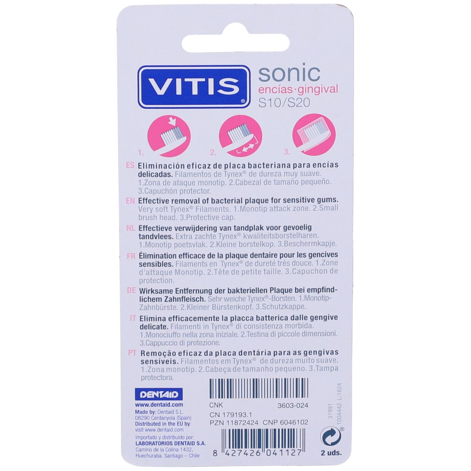 Retro della confezione Vitis® Sonic S10/S20. Testo multilingue, illustrazioni, informazioni sul prodotto e dettagli del produttore.