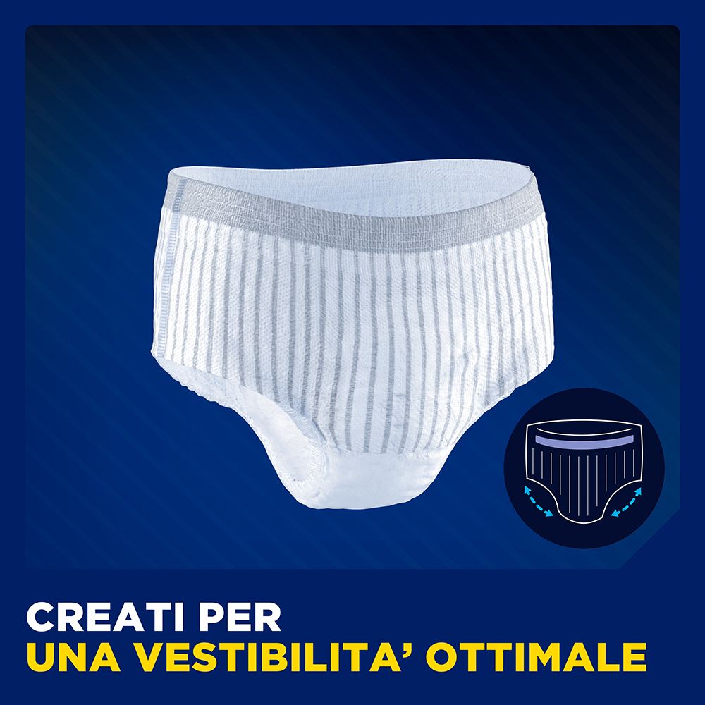 Mutandina assorbente. Scritta: CREATI PER UNA VESTIBILITA' OTTIMALE. Simbolo: mutandina con frecce.