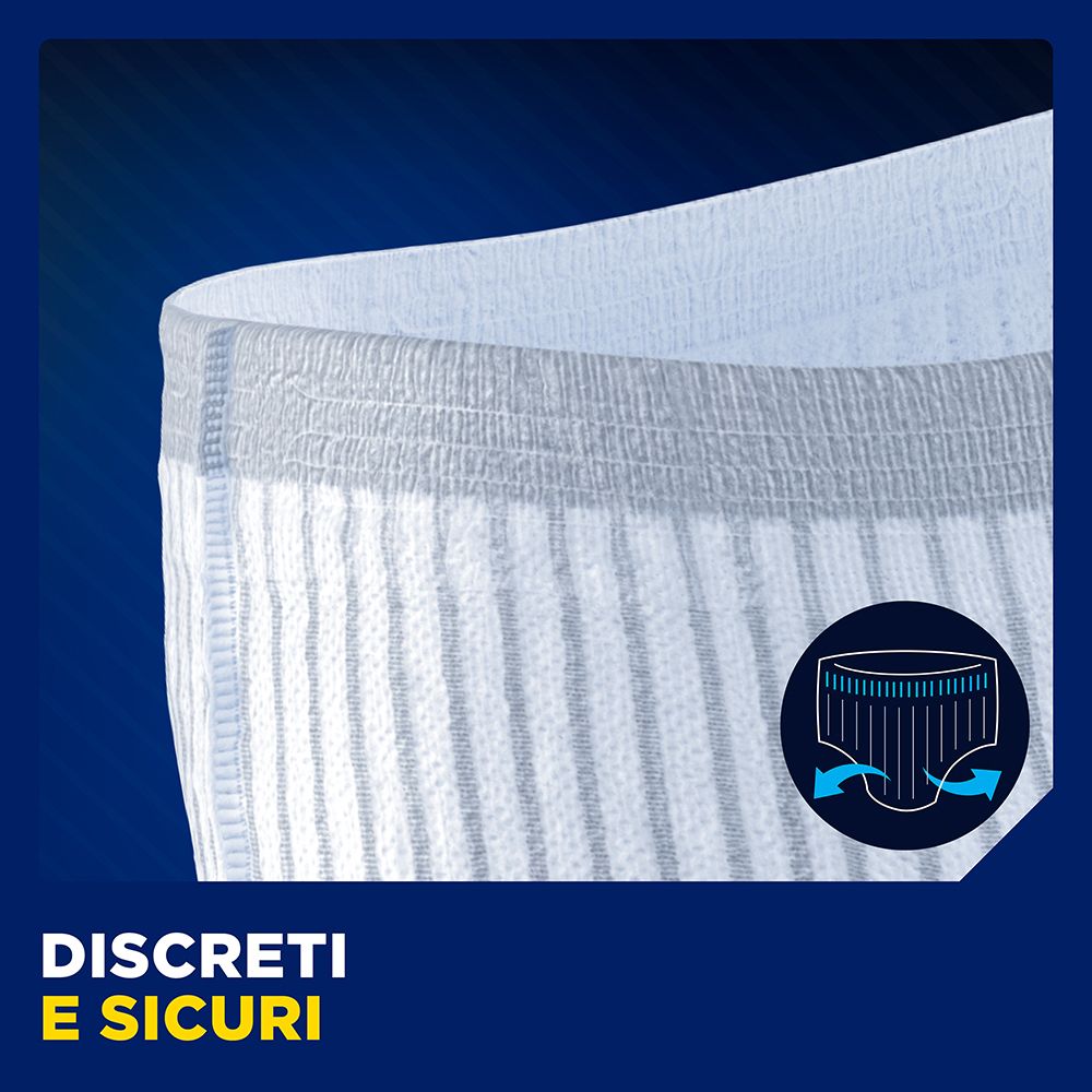 Primo piano delle mutandine protettive. Sfondo blu. Testo: Discreti e sicuri.