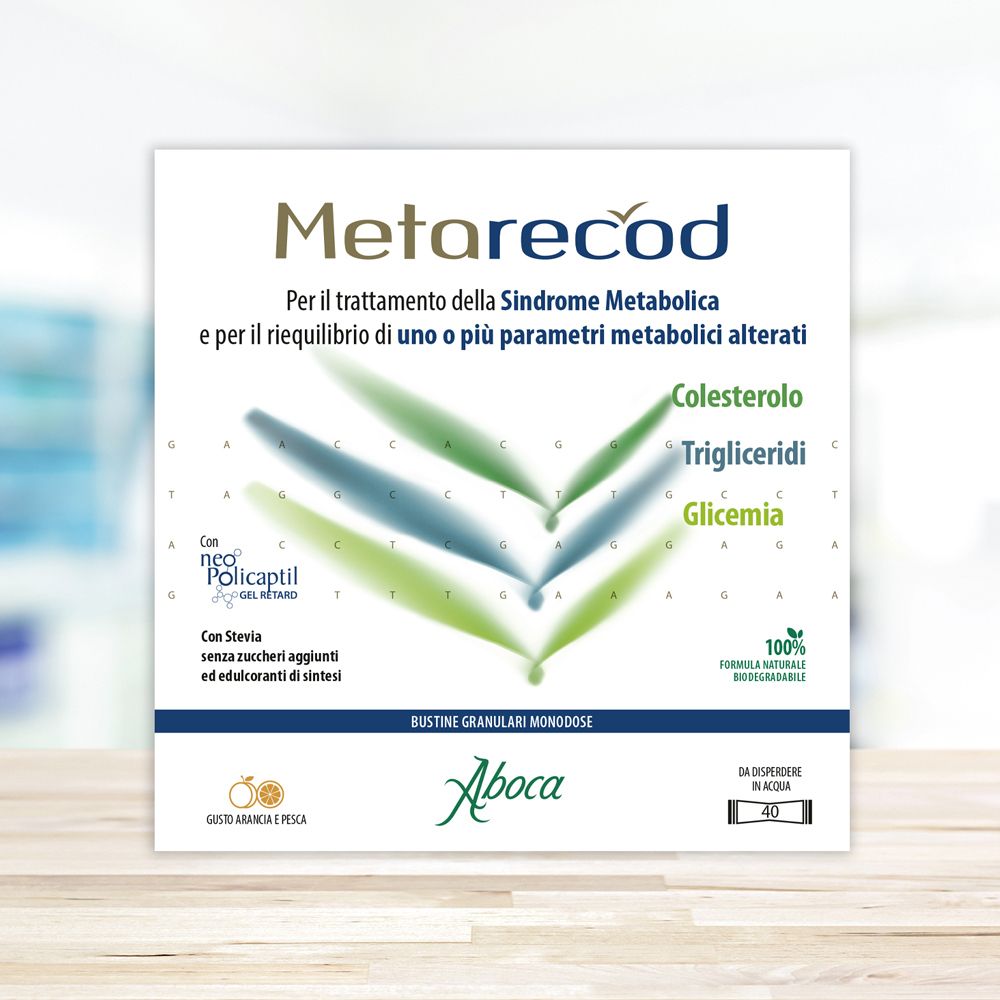 Confezione di Metarecod. Nome del prodotto, informazioni su colesterolo, trigliceridi e glicemia. Logo Aboca.
