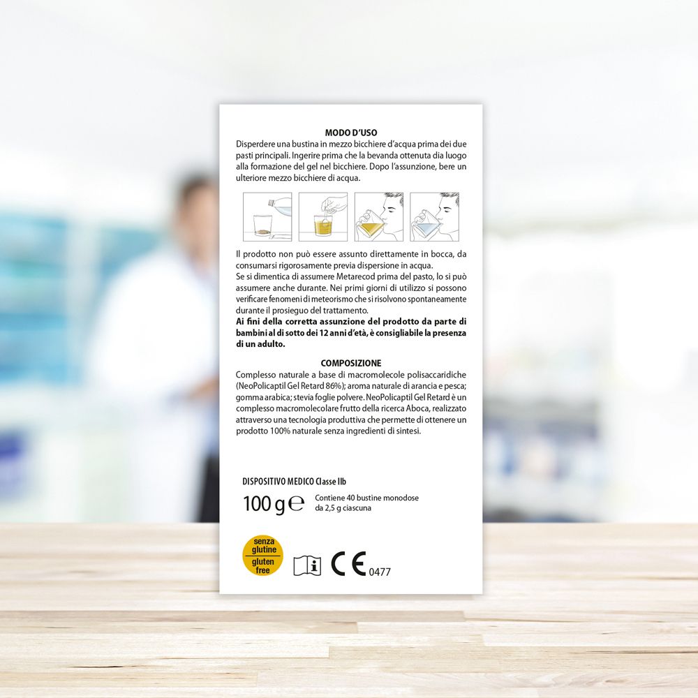 Retro della confezione di Metarecod. Informazioni sull'uso e sulla composizione. Simbolo senza glutine.
