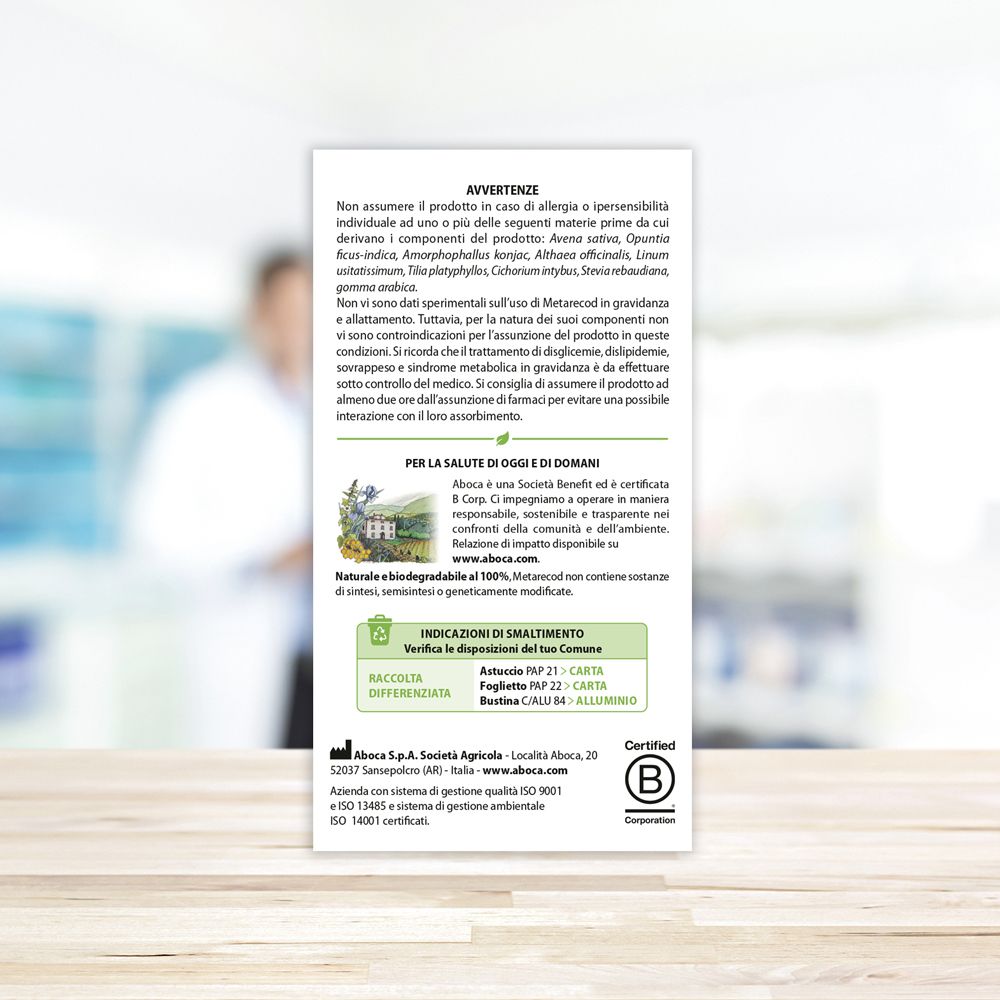 Retro della confezione di Metarecod. Avvertenze e informazioni sullo smaltimento. Logo Aboca.