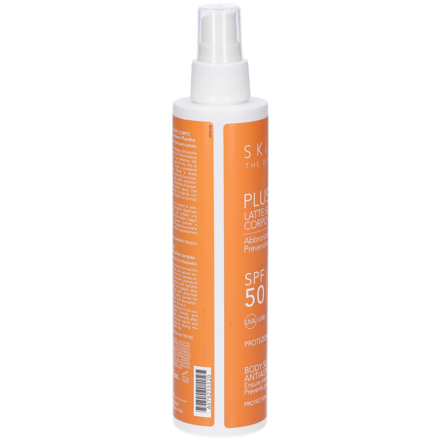 Plusol Latte Solare Spray: Retro con istruzioni per l'uso e ingredienti.