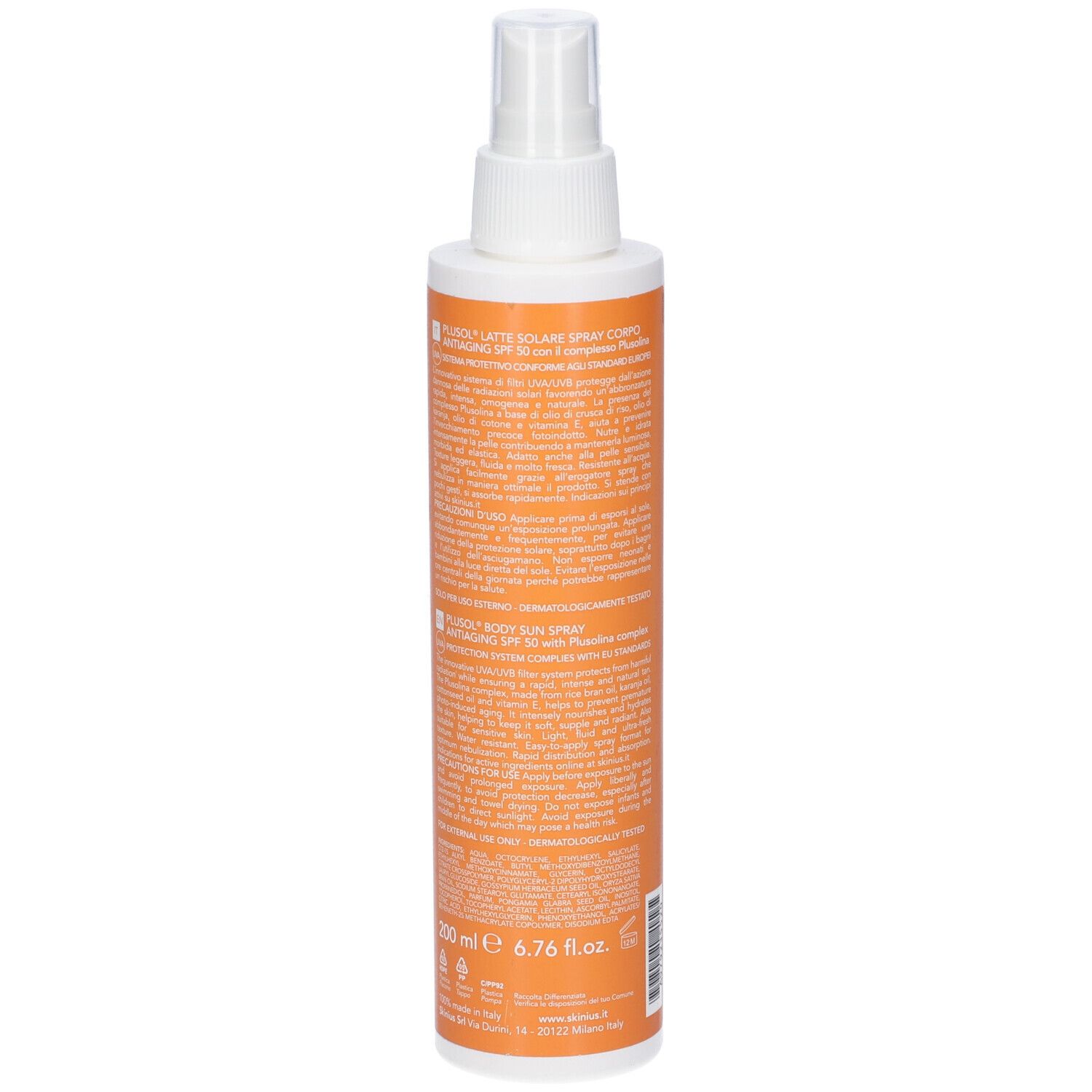 Plusol Latte Solare Spray: Informazioni dettagliate sul prodotto sul retro.