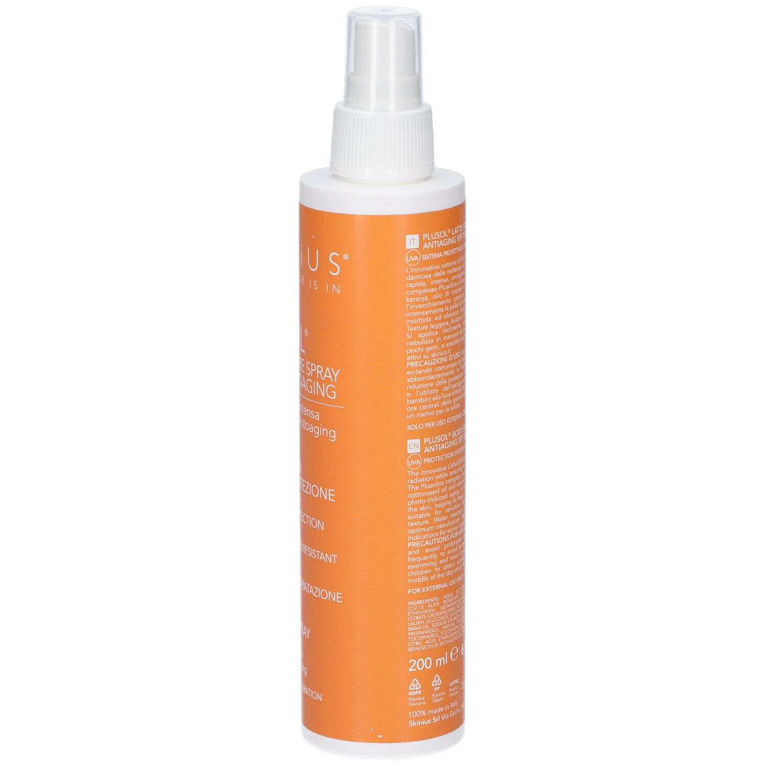 Plusol Latte Solare Spray: Retro con istruzioni per l'uso e ingredienti.