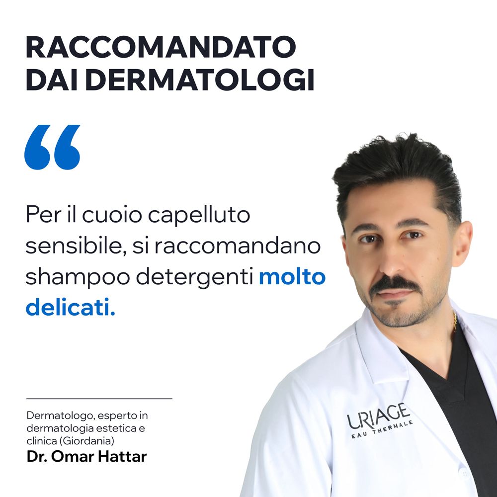 Un dermatologo in camice bianco con logo Uriage. Testo: 'Raccomandato dai dermatologi'.