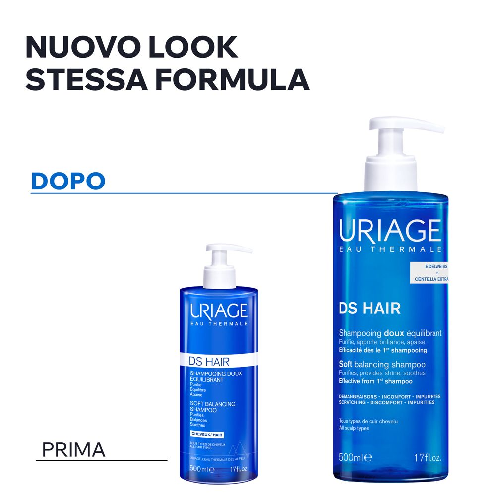Due flaconi di shampoo Uriage DS Hair, uno piccolo (prima) e uno grande (dopo), entrambi con erogatore a pompa.