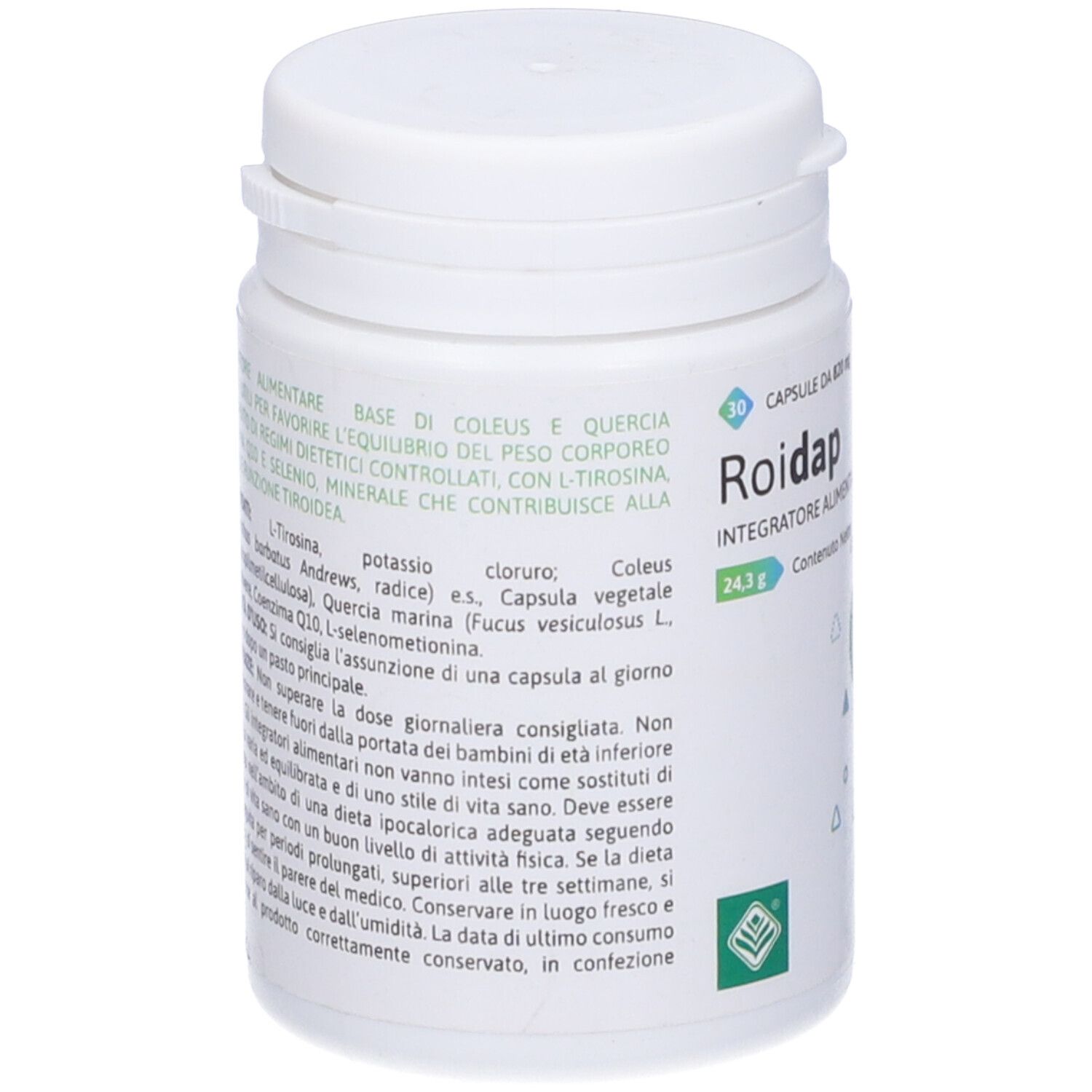 Flacone bianco con capsule. Scritta: Roidap, 30 Cps. Testo e ingredienti sul flacone. Logo verde.