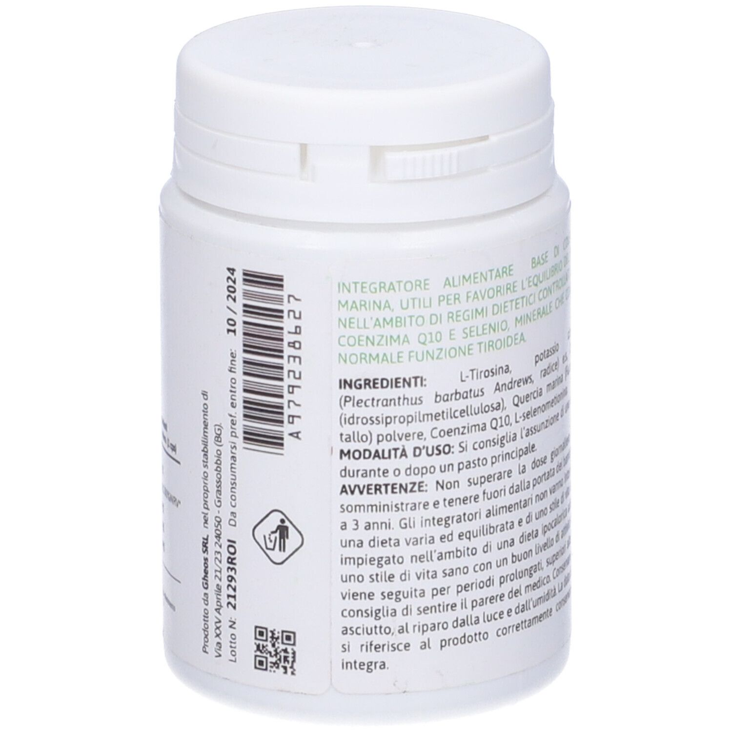 Flacone bianco. Retro con testo e codice a barre. Logo verde. Scadenza: 10/2024.