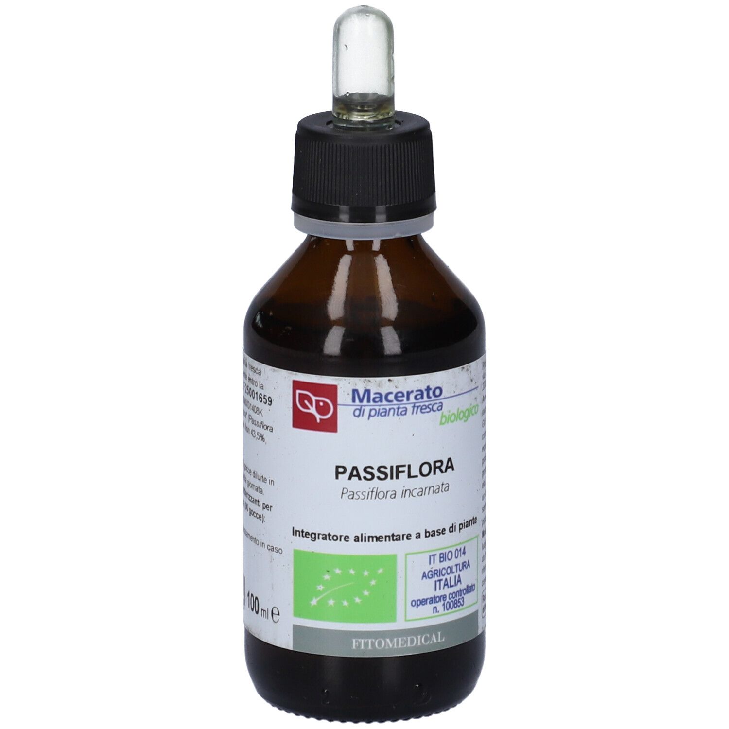 Flacone di vetro marrone con tappo nero e pipetta. Etichetta con nome del prodotto e marchio bio.