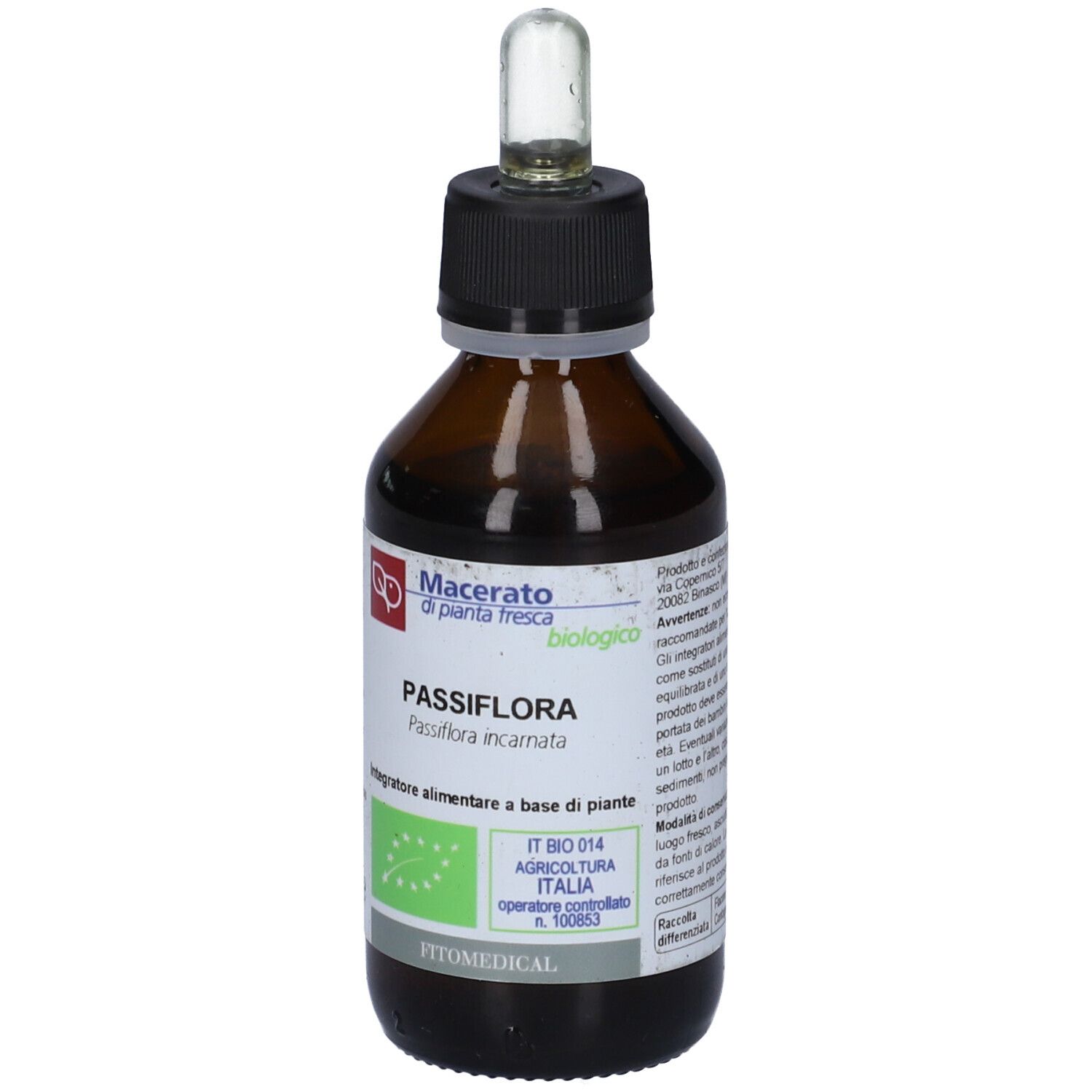 Flacone di vetro marrone con tappo nero e pipetta. Etichetta con nome del prodotto e marchio bio.