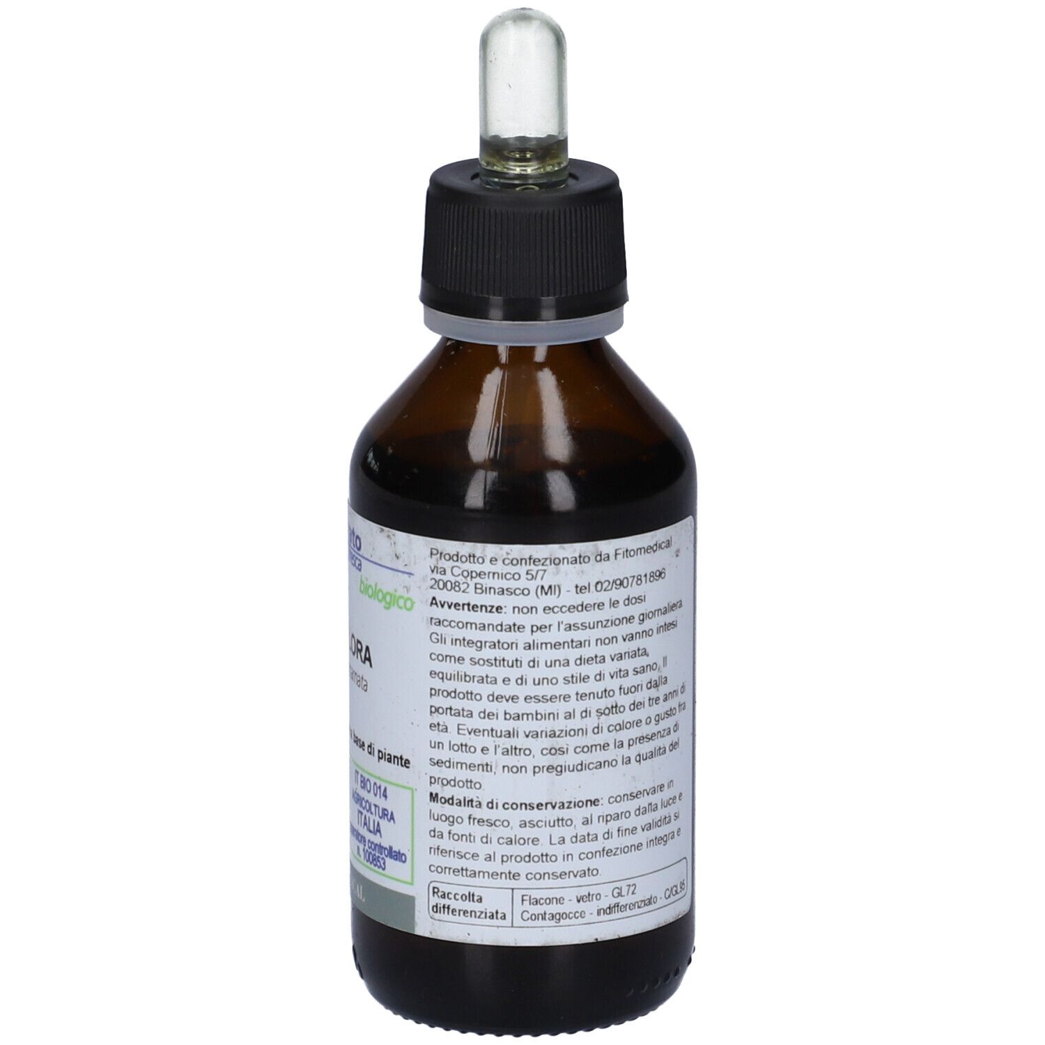 Flacone di vetro marrone con tappo nero e pipetta. Etichetta con informazioni sul prodotto e marchio bio.