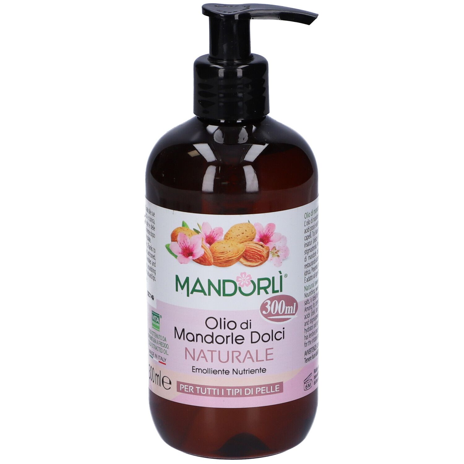 Flacone marrone con dosatore nero. Scritta: Mandorli, Olio di Mandorle Dolci Naturale, 300ml.