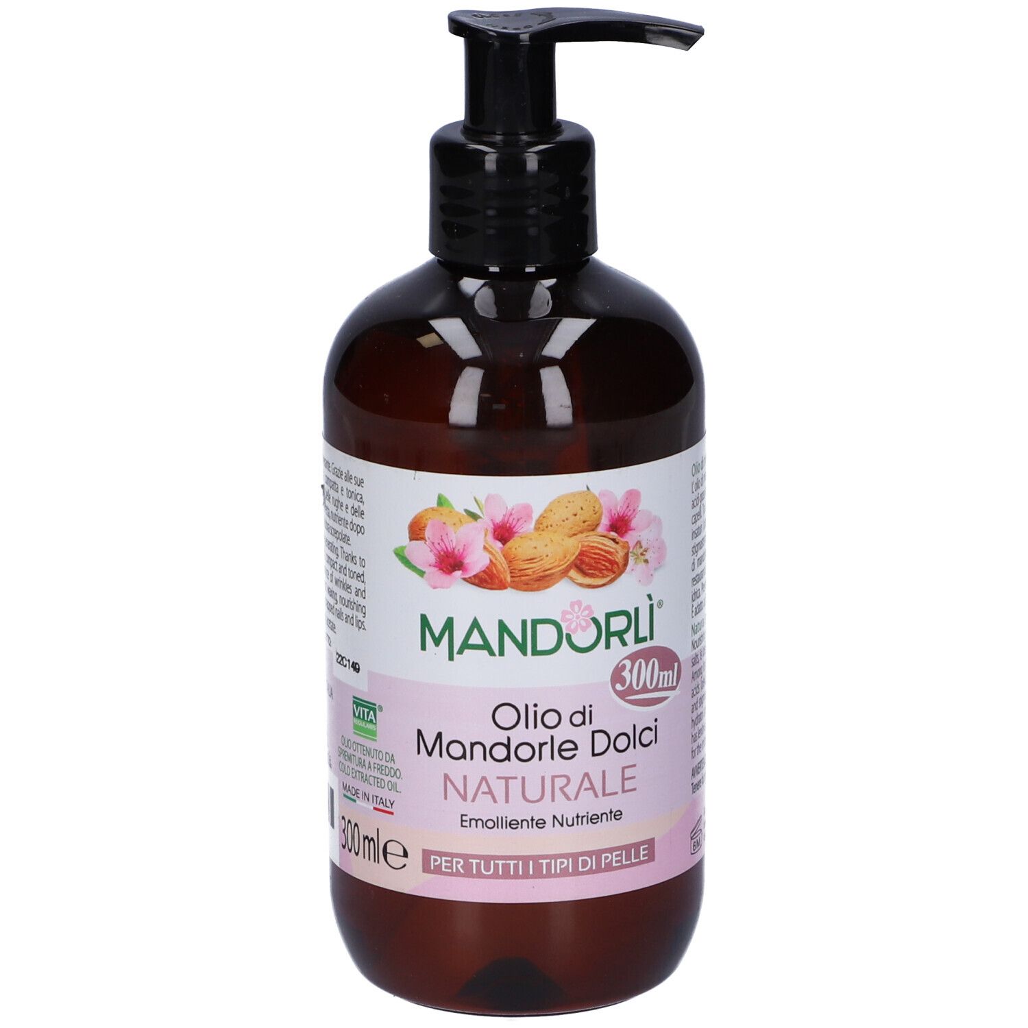 Flacone marrone con dosatore nero. Scritta: Mandorli, Olio di Mandorle Dolci Naturale, 300ml.