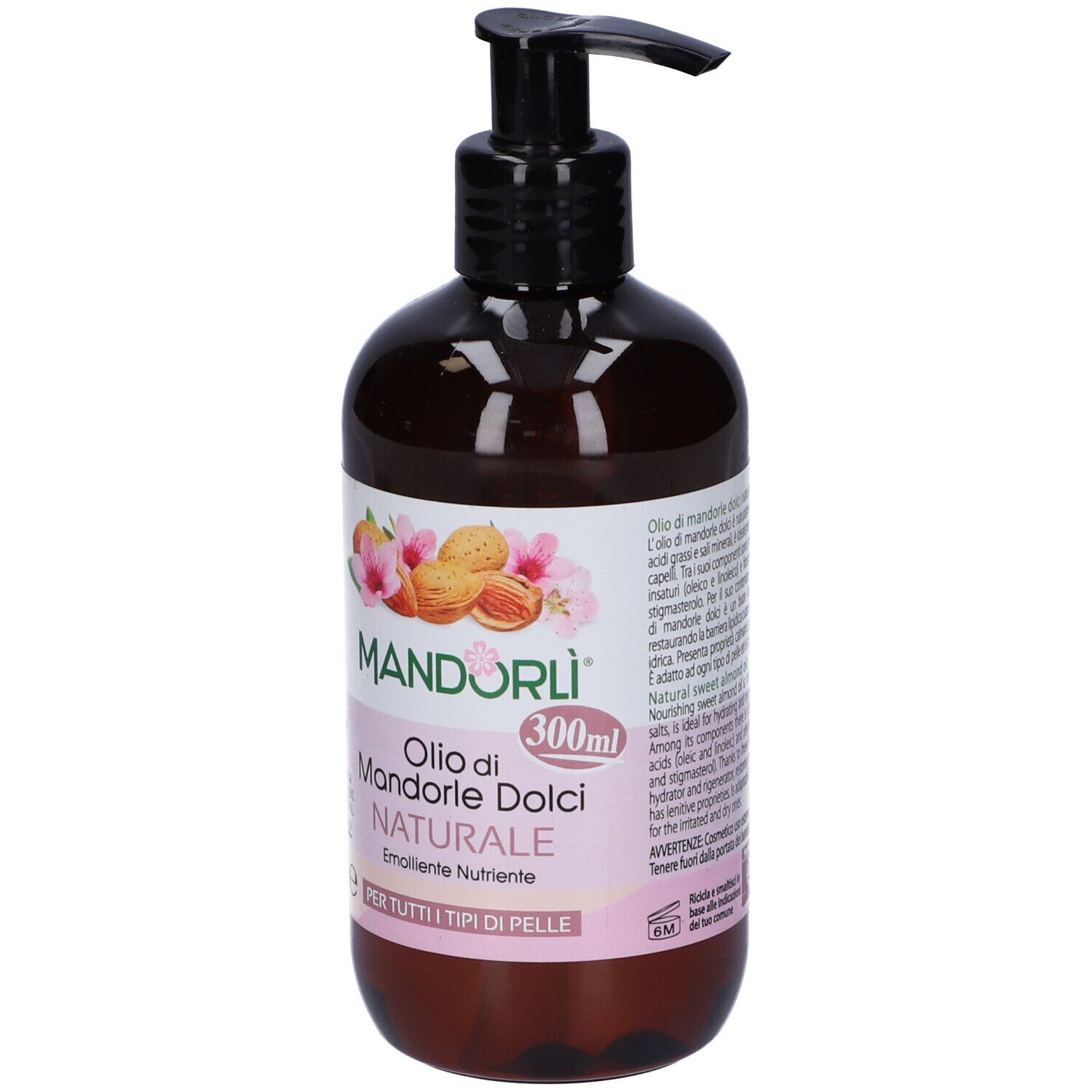 Flacone marrone con dosatore nero. Scritta: Mandorli, Olio di Mandorle Dolci Naturale, 300ml.